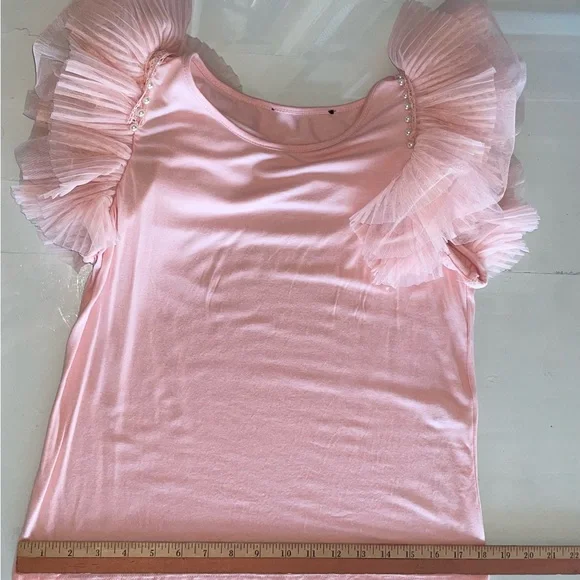 LAST SALE PRICE TOP FROTHY PLEATED LAYERS TULLE SLEEVE ROSE SIZE SMALL STRETCH - Picture 7 of 13